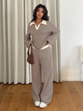 Women's Striped Wide Leg Pants Set – Long Sleeve Polo Crop Top & Trousers