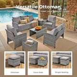 Ainfox 7-Piece Outdoor Wicker Patio Furniture Set,Sectional Conversation Set with 3-Seat Sofa, Loveseat, Coffee Table, Chairs & Ottomans, Gray, Space-Saving Design for Backyard, Porch, Poolside