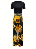 Essnce Women'S Summer Solid Color round Neck Short Sleeve T-Shirt and Flower Printed Wide Leg Pants Casual Two-Piece Set