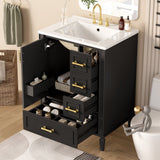 24" Modern Bathroom Vanity with Ceramic Sink, Soft-Close Door, 3 Drawers