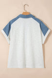Beige Plus Size Contrast Denim Patchwork Cuffed Sleeve Polo Tee