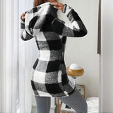 Plaid Hooded Sherpa-Lined Long Coat with Pockets