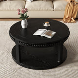 31.5-Inch Round Solid Wood Coffee Table, Two-Tier Open Storage, Black