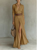 Women's High Waist A-Line Maxi Shirt Dress – 3/4 Sleeve