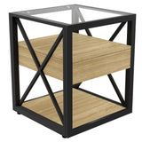 Modern End Tables with Drawer - Set of 2 Nightstands with Tempered Glass Top