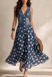 Denim Bodice Polka Dot Chiffon Skirt Sleeveless Midi Dress