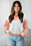 Orange Stripe V Neck Drop Shoulder Patchwork Long Sleeve Top
