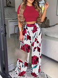 Essnce Women'S Summer Solid Color round Neck Short Sleeve T-Shirt and Flower Printed Wide Leg Pants Casual Two-Piece Set