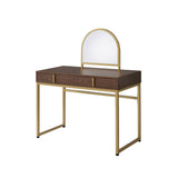Walnut & Gold Finish Vanity Desk with Mirror & Jewelry Tray – Coleen