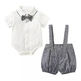 stylesilove Baby Boys Short Sleeve Collared Bodysuit and Suspender Shorts, Bowtie 3pcs Gentleman Set Cotton Overalls Outfit