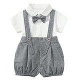 stylesilove Baby Boys Short Sleeve Collared Bodysuit and Suspender Shorts, Bowtie 3pcs Gentleman Set Cotton Overalls Outfit