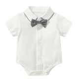 stylesilove Baby Boys Short Sleeve Collared Bodysuit and Suspender Shorts, Bowtie 3pcs Gentleman Set Cotton Overalls Outfit