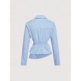 Womens Blue And White Vertical-striped Asymmetrical Long-sleeve Shirt