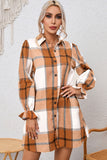 Khaki Plaid Pattern Collared Neck Ruffled Shirt Dress