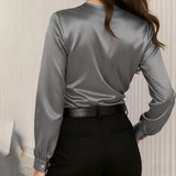 Women's Elegant Cross V-Neck Blouse, Ruffle Detail Button Accent Office Shirt