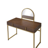 Walnut & Gold Finish Vanity Desk with Mirror & Jewelry Tray – Coleen