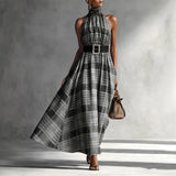 Sleeveless Plaid High Waist Lace-Up A-Line Maxi Dress for Women – Black & White Check