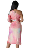 Tie Dye Crystal One Shoulder Midi Dress