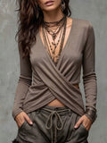Women's Cross-Neck V-Neck Pleated Long-Sleeve Top