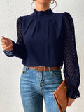 Women's Mock Neck Chiffon Blouse – Wave Pattern Sheer Long Sleeve with Ruffle Cuffs