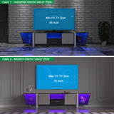 TV console with storage cabinet, dual flat LED TV stand with remote control, multi-mode light with power cord, black