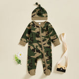 Newborn Baby Girls Boys Camouflage Military Deisgn Romper Infant Cute Zipper Casual Jumpsuit Hairband Hat Set Clothes For Girls And Boys