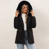 Women's Fleece-lined Mid-length Hooded Cotton Padded Jacket