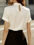Satin Keyhole Short Sleeve Blouse