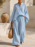 Full Size Notched Long Sleeve Top and Wide-Leg Pants Set Plus Size