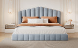 Velvet Upholstered Queen Bed Frame with Shell-Shaped Headboard