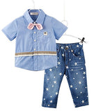 stylesilove Toddler Boys Blue Shirt with Pink Bowtie and Jeans 2 Pieces Outfit Soft Cotton Casual Clothing Set