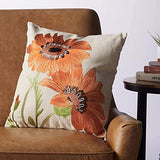 Fennco Styles Le Tournesol Embroidered Sunflower Decorative Throw Pillow, Filler Included, 18-Inch Square - Red Flower Cotton Linen Pillow for Home, Couch, Living Room and Bedroom Décor