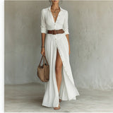 Women's High Waist A-Line Maxi Shirt Dress – 3/4 Sleeve