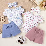 stylesilove Infant Baby Girls Floral Print Short Sleeve Bodysuit & Shorts & Headband 3pcs Set Spring Summer Romper Outfit