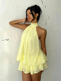 Women's Chiffon Halter Mini Dress – High-Waist Open-Back A-Line Dress