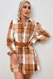 Khaki Plaid Pattern Collared Neck Ruffled Shirt Dress