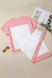 Two-tone Color Block Patchwork Tee Drawstring Loose Pant Set