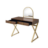 Walnut Vanity Desk with Mirror & Jewelry Tray - Gold Finish