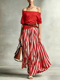 Women's One-Shoulder Bubble Sleeve Top & Stripe Skirt 2-Piece Set