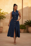 Women's Retro Washed Denim Midi Dress – Sleeveless Collared Button-Front with Slits & Pockets