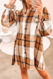 Khaki Plaid Pattern Collared Neck Ruffled Shirt Dress
