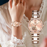 OLEVS Watches for Women Automatic Mechanical Self Winding Rose Gold Ladies Watch Diamond Dress Ceramic Bracelet Waterproof Female Wrist Watch