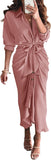 BTFBM Summer Dresses for Women 2025 Long Sleeve Lapel V Neck Button Down Elegant Belted Ruched Satin Shirt Fall Dress