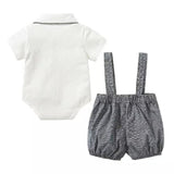 stylesilove Baby Boys Short Sleeve Collared Bodysuit and Suspender Shorts, Bowtie 3pcs Gentleman Set Cotton Overalls Outfit