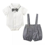 stylesilove Baby Boys Short Sleeve Collared Bodysuit and Suspender Shorts, Bowtie 3pcs Gentleman Set Cotton Overalls Outfit