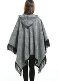stylesilove Women Diamond Knit Open Front Hooded Poncho Fringe Black Geometric Cape Oversized Cardigan Fall Winter Wrap Shawl