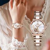 OLEVS Watches for Women Automatic Mechanical Self Winding Rose Gold Ladies Watch Diamond Dress Ceramic Bracelet Waterproof Female Wrist Watch
