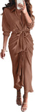 BTFBM Summer Dresses for Women 2025 Long Sleeve Lapel V Neck Button Down Elegant Belted Ruched Satin Shirt Fall Dress