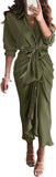 BTFBM Summer Dresses for Women 2025 Long Sleeve Lapel V Neck Button Down Elegant Belted Ruched Satin Shirt Fall Dress