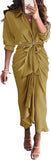 BTFBM Summer Dresses for Women 2025 Long Sleeve Lapel V Neck Button Down Elegant Belted Ruched Satin Shirt Fall Dress